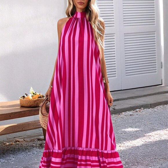 Dresses & Skirts - Pink Casual Women's Woven Striped Print Spaghetti Strap Dress